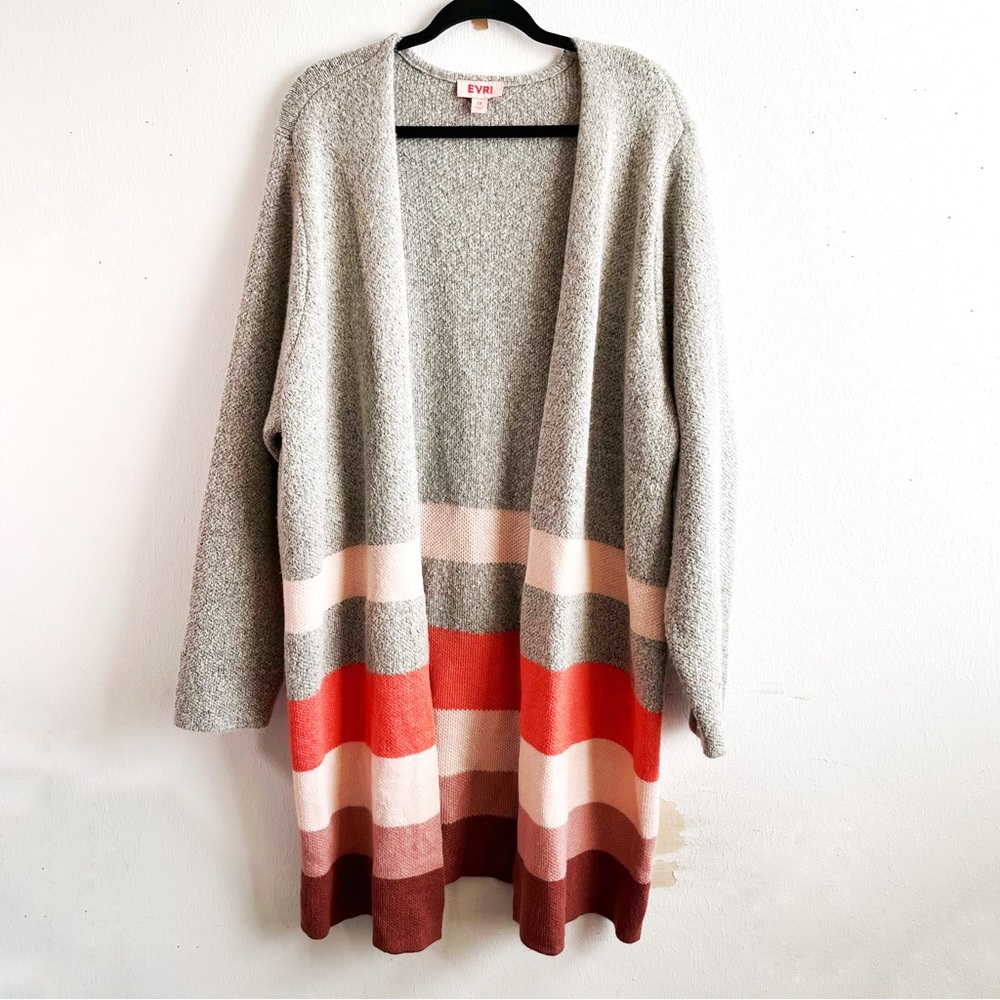 Evri Cardigan Open Front Knit Sweater Grey w/Multicolor Stripes Sz 2X GUC Boho